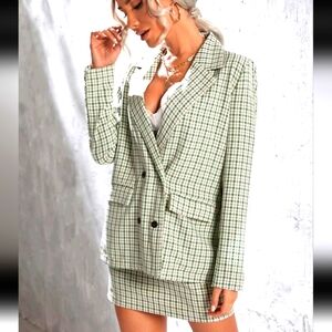 Plaid blazer suit skirt set sz Medium Spring Green Light jacket & zip Mini skirt